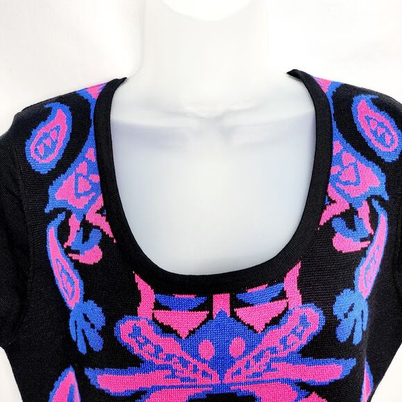 Allison Brittney Black & Pink Knit Short Sleeve Key Hole Cutout Back Sweater L - Picture 4 of 9